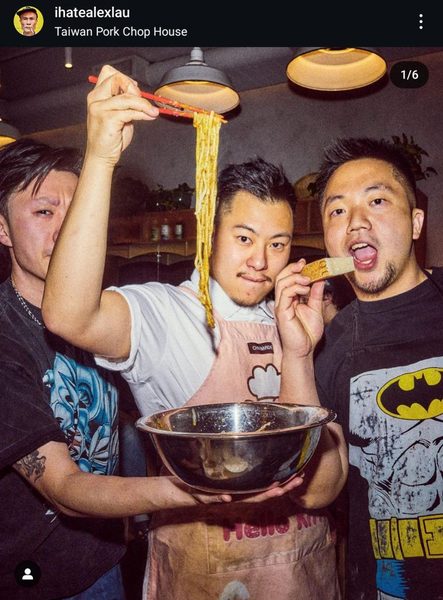 Three guys sharing a noodle bowl